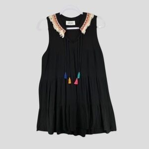 Current Project Black Embroidered Fringe Tassel Aztec Dress Size S